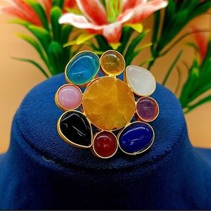 Matte gold plated flower ring- Raw multi gemstone ring. Brand new